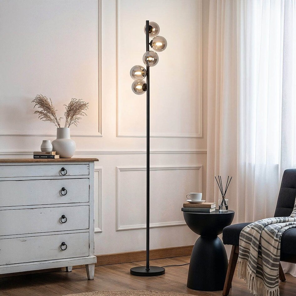 Vloerlamp Tyson zwart met smoke glas, 5-lichts