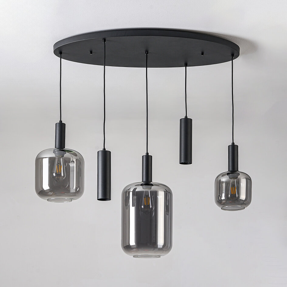 Moderne hanglamp Yoku zwart met rookglas, 5-lichts