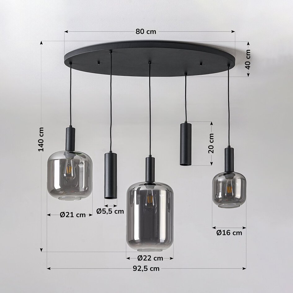 5-lichts hanglamp Yoku - zwart en rookglas
