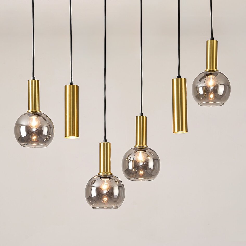 Lampe suspendue à 6 lumières Doku avec verre fumé et détails en laiton doré
