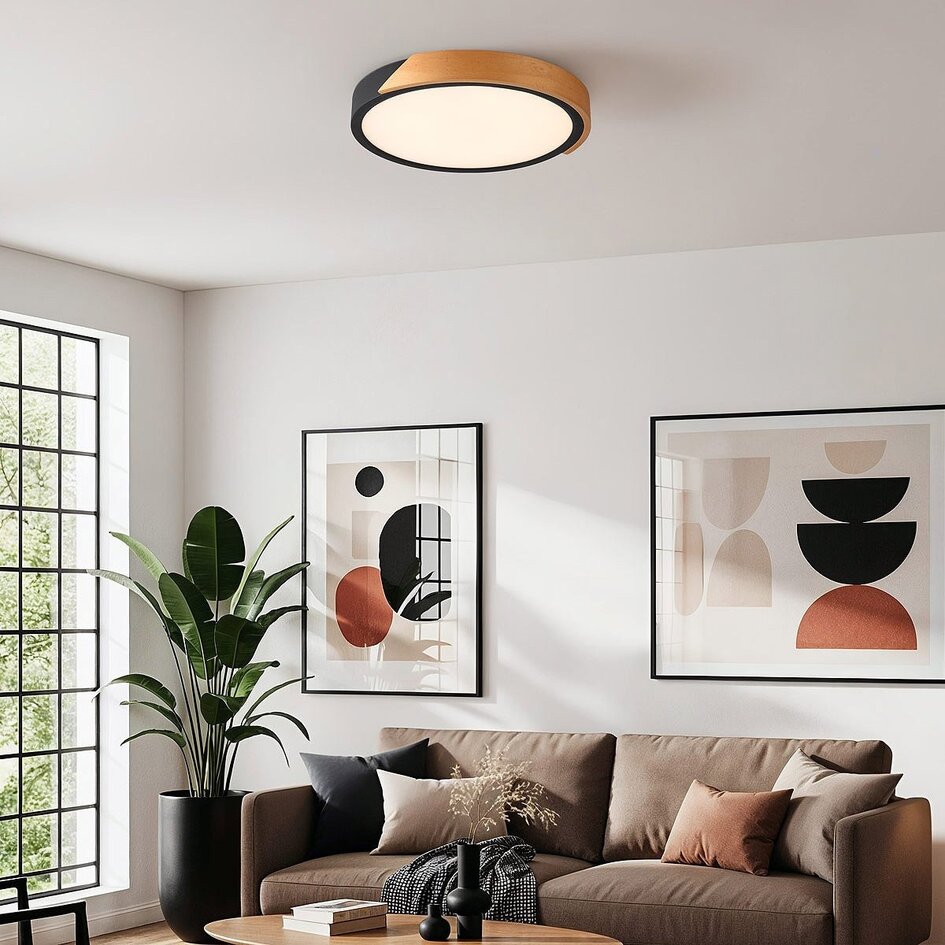 Plafondlamp dimbaar met houten detail Jano - zwart