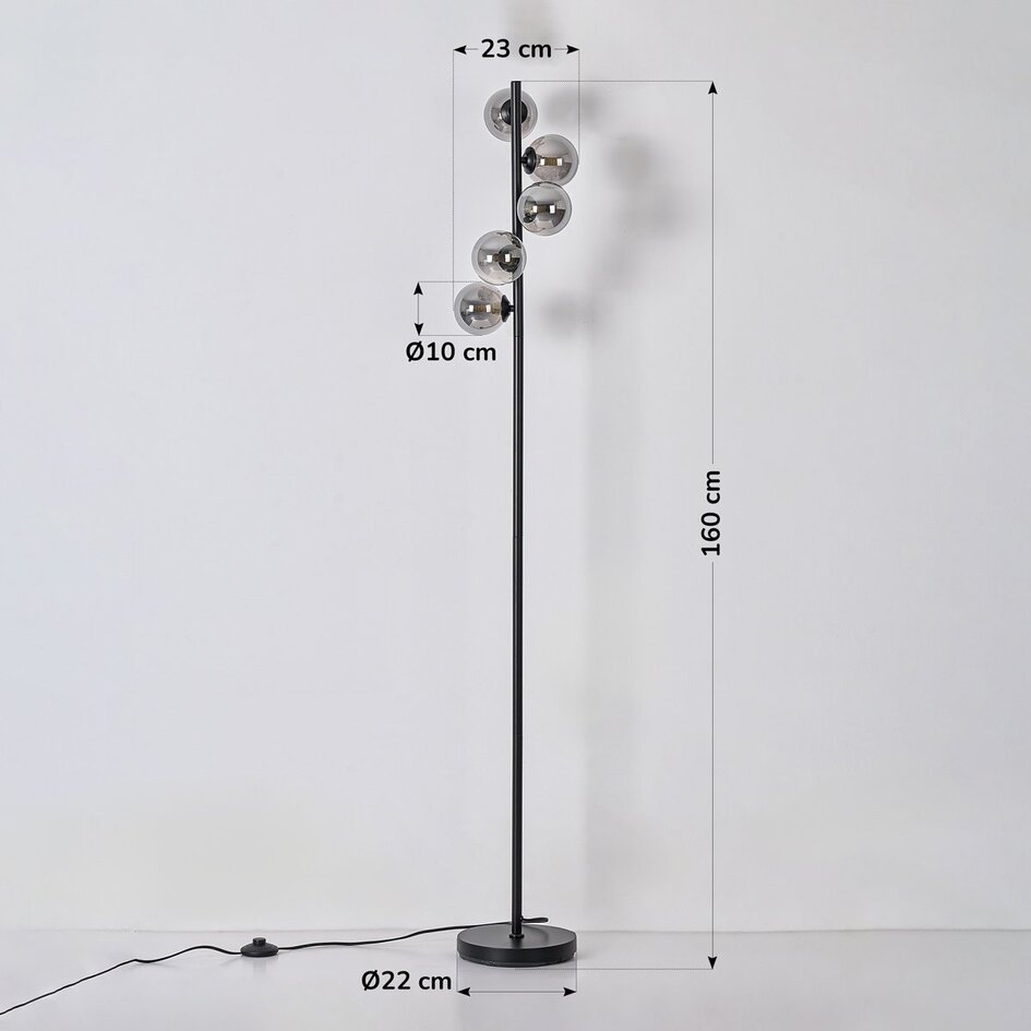 Vloerlamp Tyson zwart met smoke glas, 5-lichts