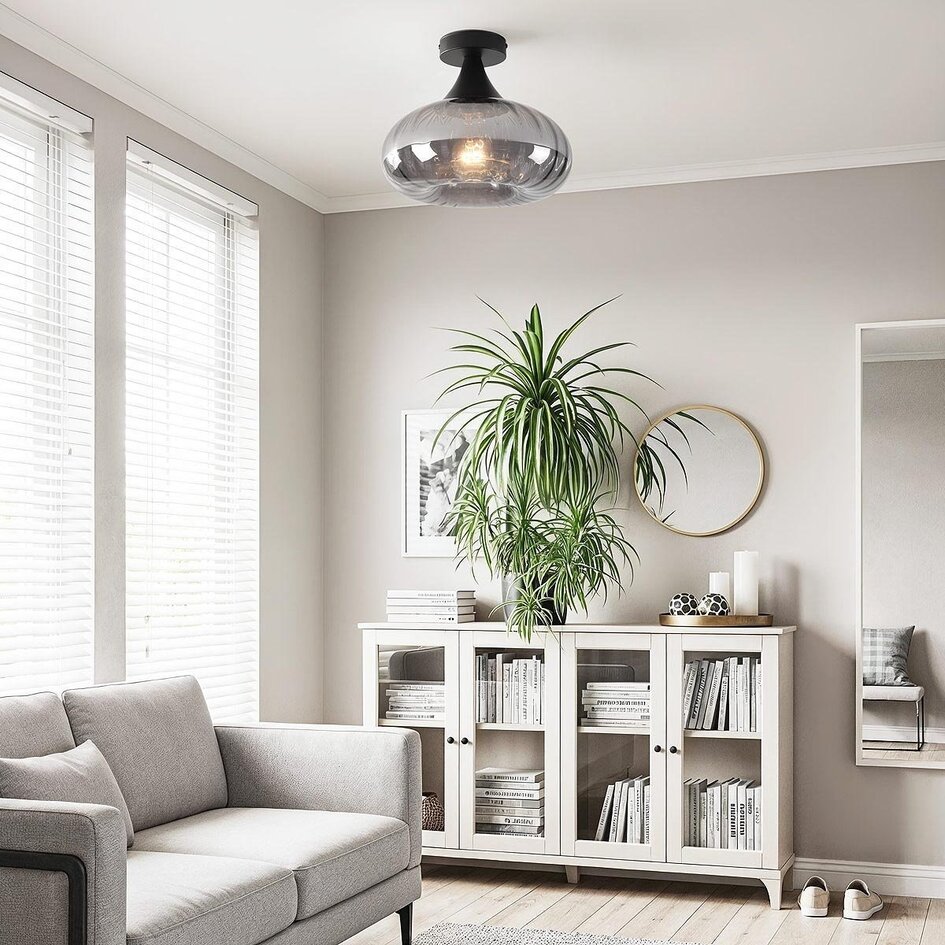 Plafonnier moderne Nur noir avec verre fumé rayé