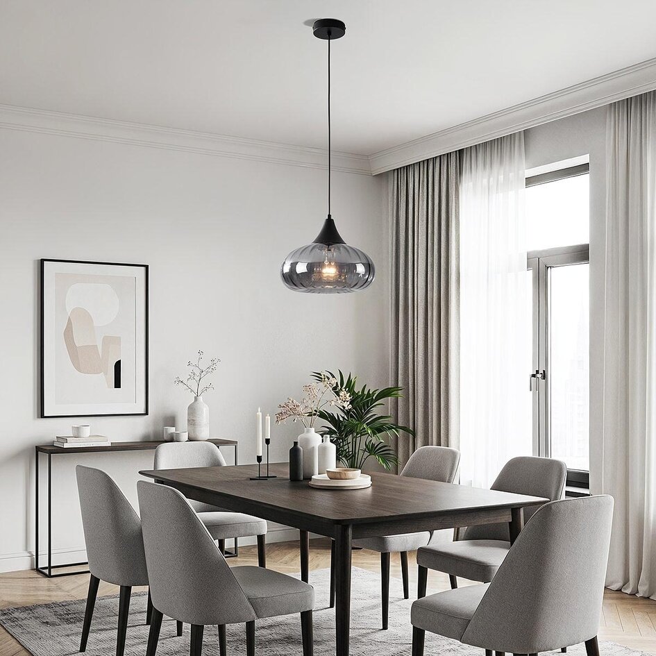 Zwarte hanglamp Ori zwart met gestreept rookglas