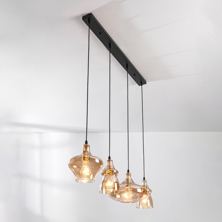 Suspension Maracas 4 lumières - noir et verre ambré