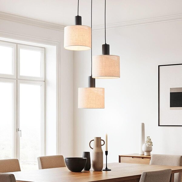 Suspension à 3 lumières Linne avec abat-jours ronds en tissu lin beige