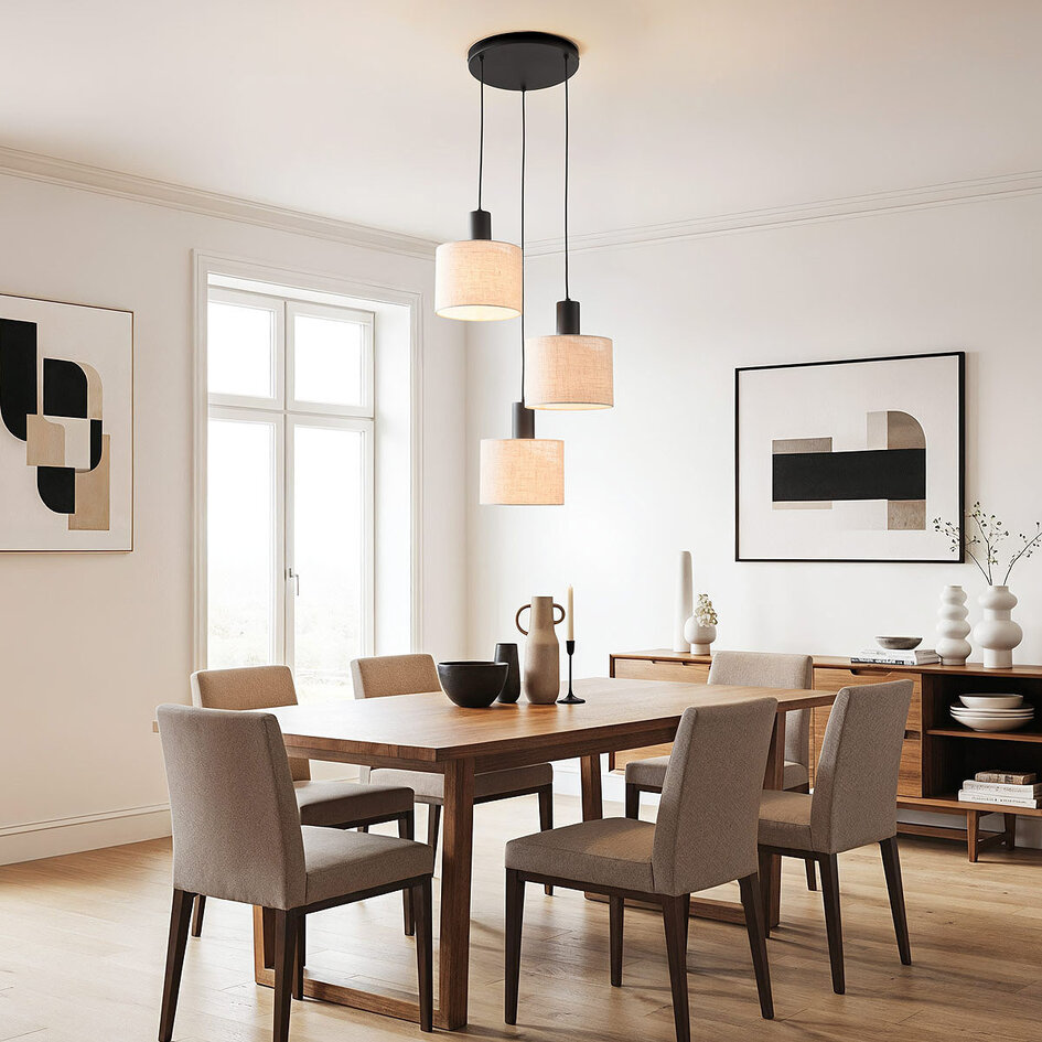 Suspension à 3 lumières Linne avec abat-jours ronds en tissu lin beige