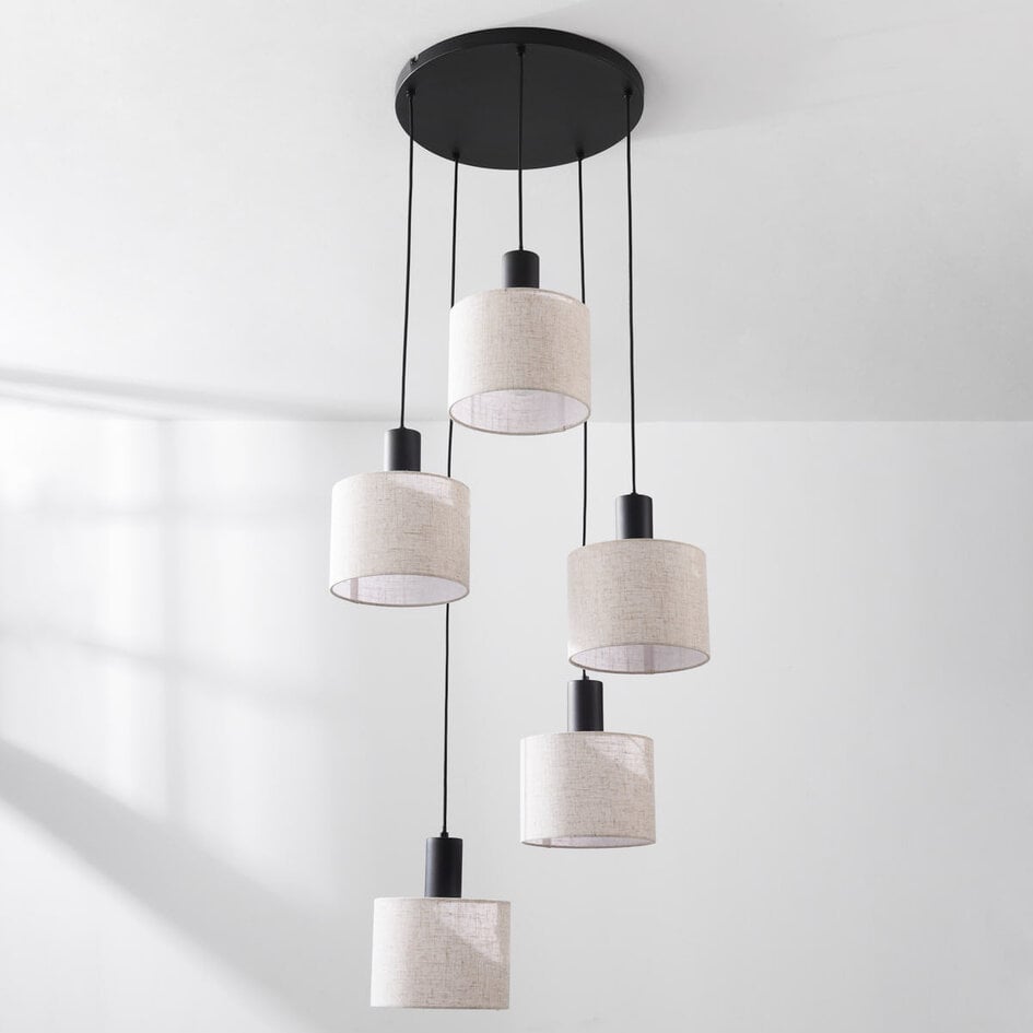 Suspension Linne à 5 lumières - abat-jour en lin beige