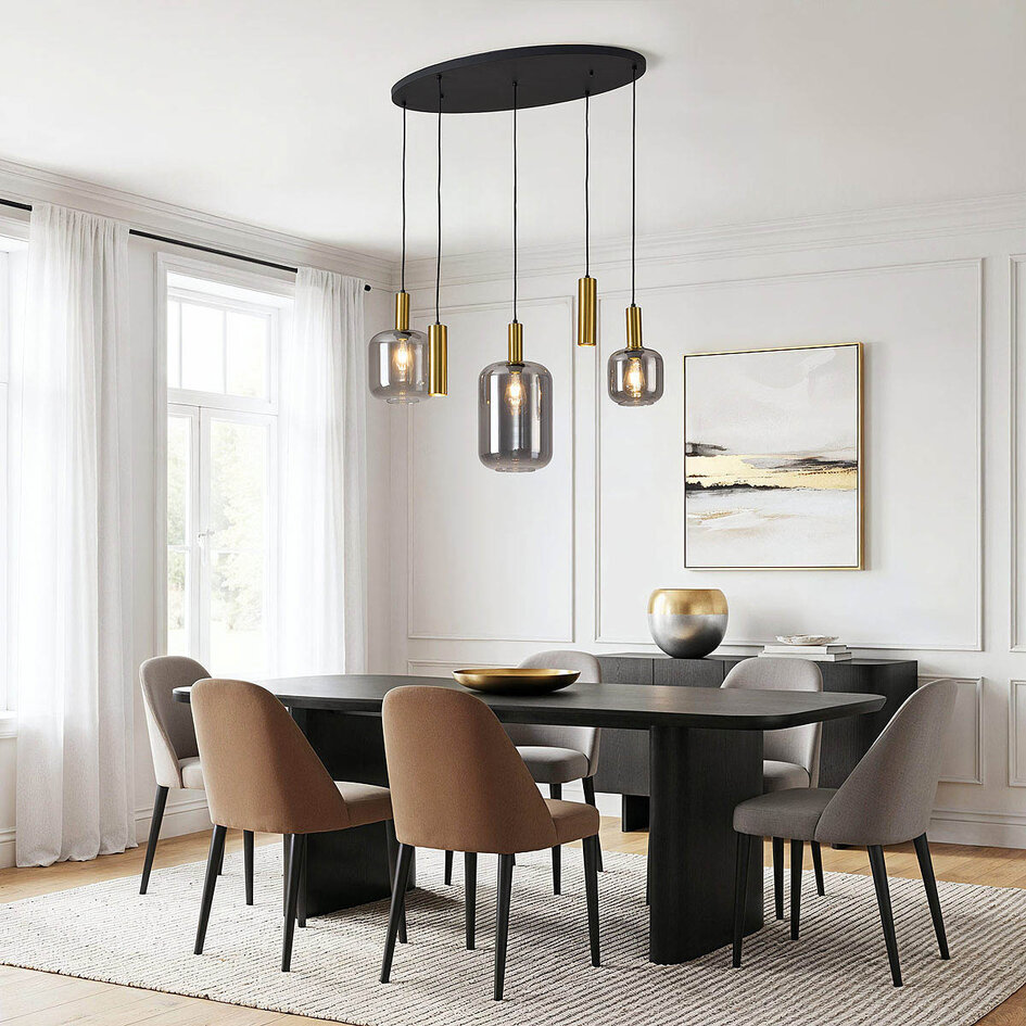 Lampe suspendue moderne Yoku avec verre fumé et détails en laiton doré, 5 lumières