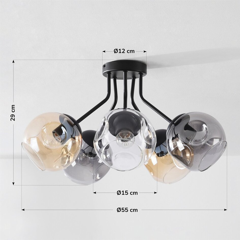 Plafondlamp Ljus met 5 glazen bollen – smoke, amber en helder glas