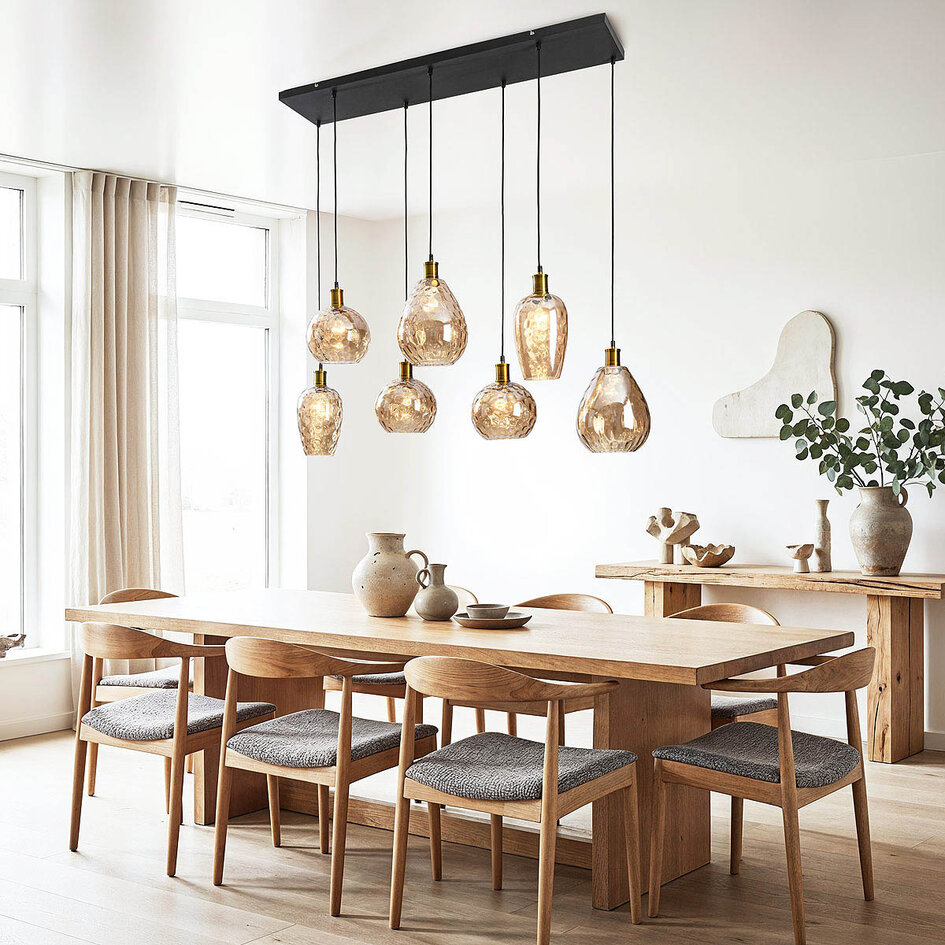 Lampe suspendue Nilo - 7-lumières en verre ambré et détail convexe