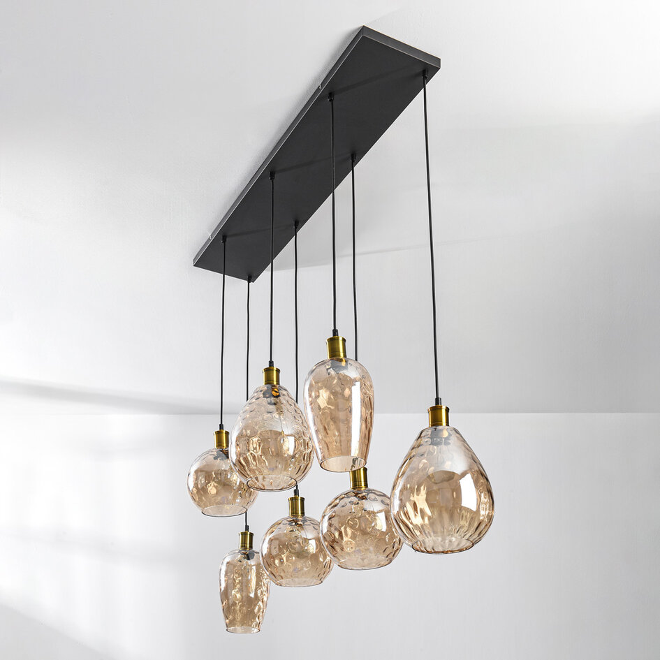 Lampe suspendue Nilo - 7-lumières en verre ambré et détail convexe