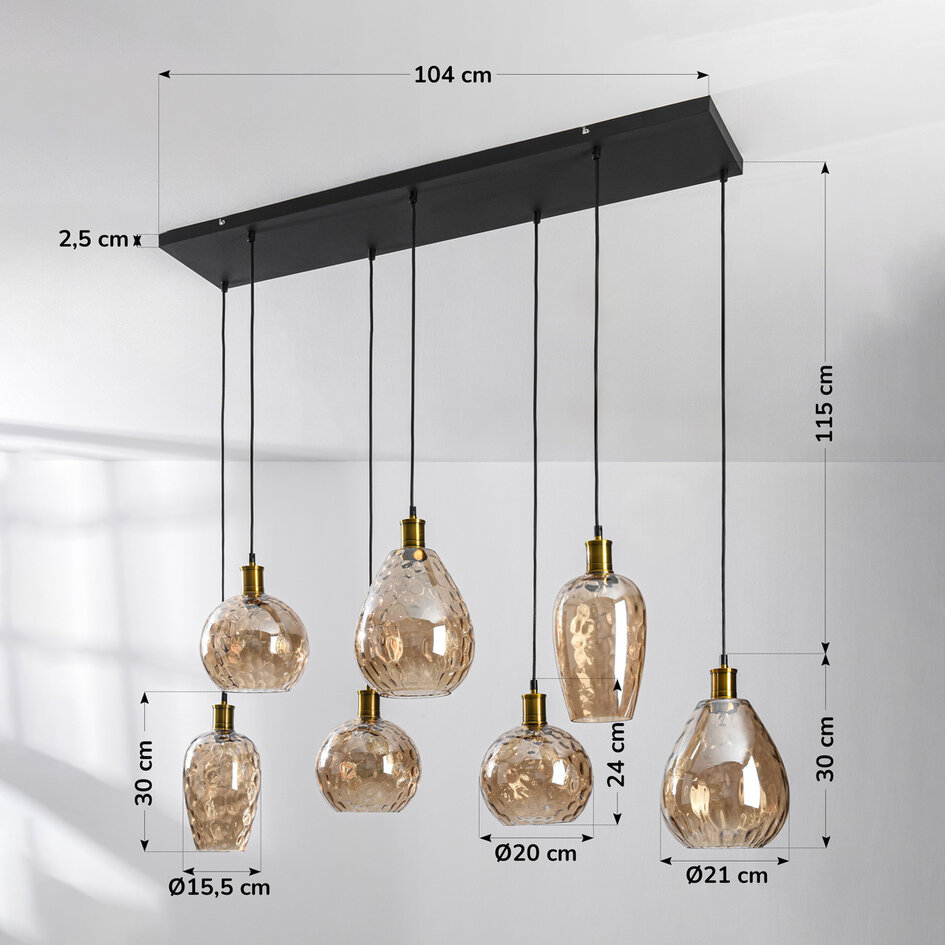 Lampe suspendue Nilo - 7-lumières en verre ambré et détail convexe