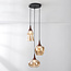 3-lichts hanglamp Zian - zwart, houtlook en amber glas in diverse vormen