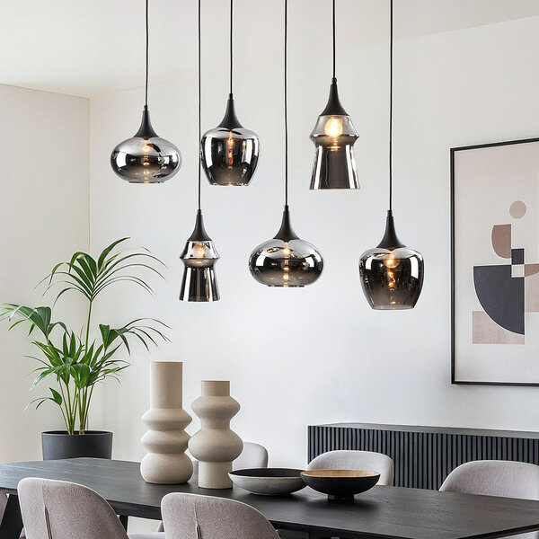 6-lichts hanglamp Lior zwart met rookglazen en spiegeleffect kappen in diverse vormen