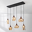 Lampe suspendue Lior noir avec aspect bois et verre ambré de différentes formes - 6-light