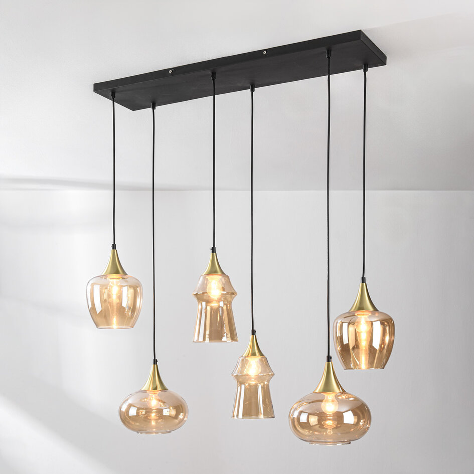 Hanglamp Lior goud met amber glas in diverse vormen – 6-lichts