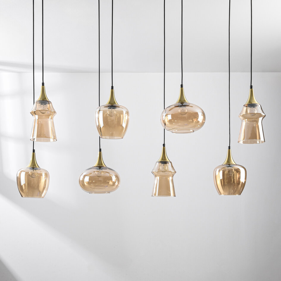 Hanglamp Cael goud met amber glas in diverse vormen – 8-lichts