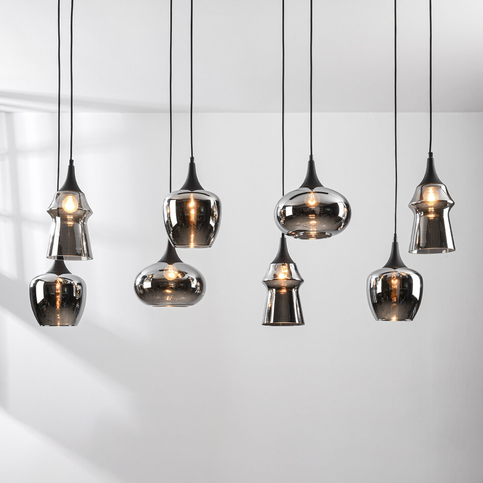 Lampe suspendue Cael noir avec verre fumé à effet miroir de différentes formes - 8-light