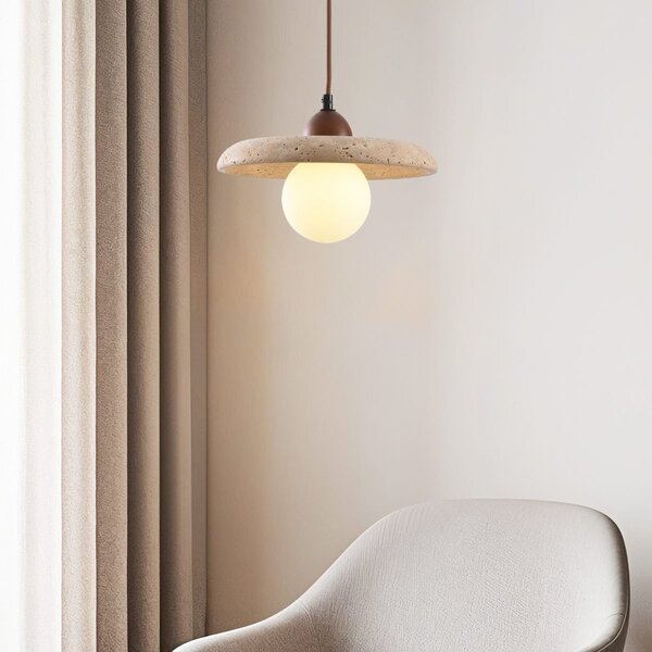 Japandi hanglamp Sasso van travertin (natuursteen) en hout
