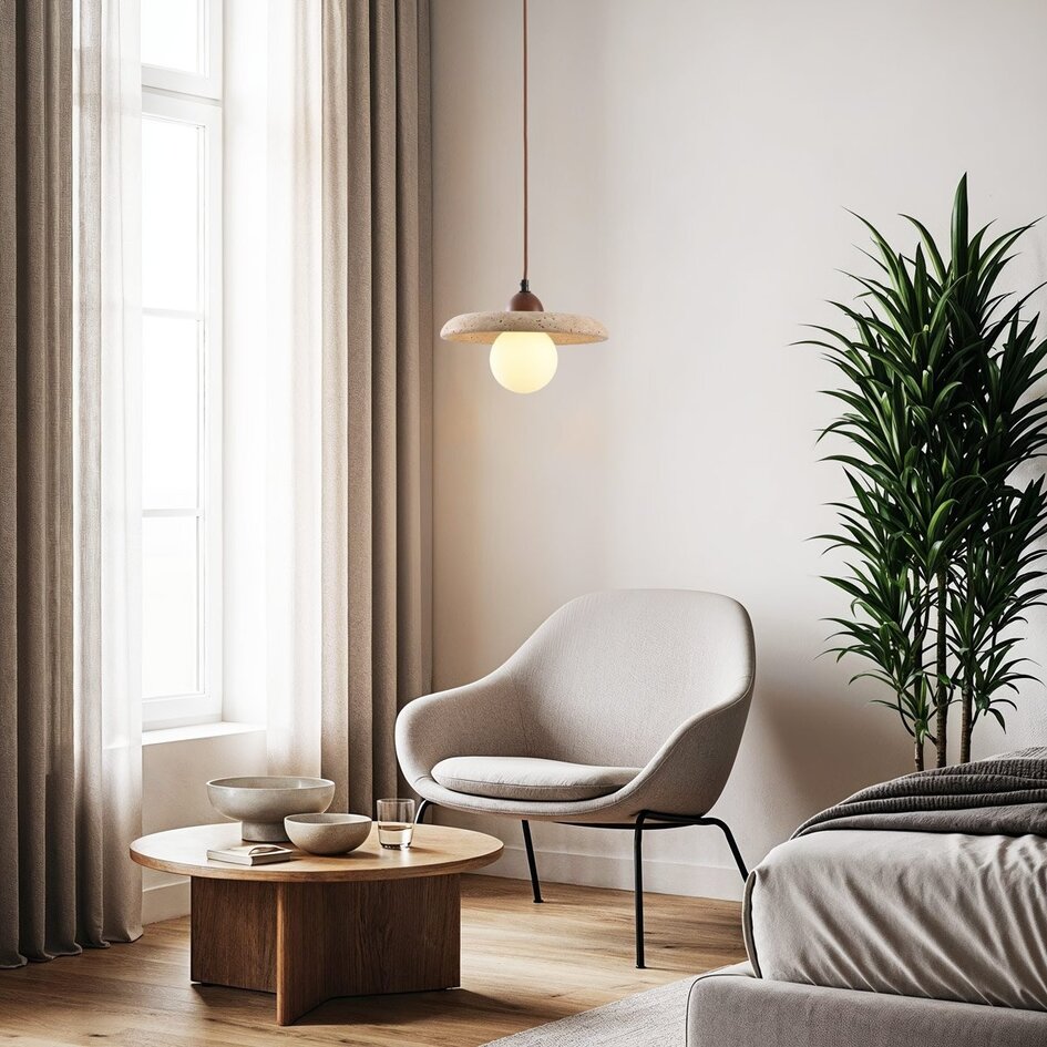 Japandi hanglamp Sasso van travertin (natuursteen) en hout