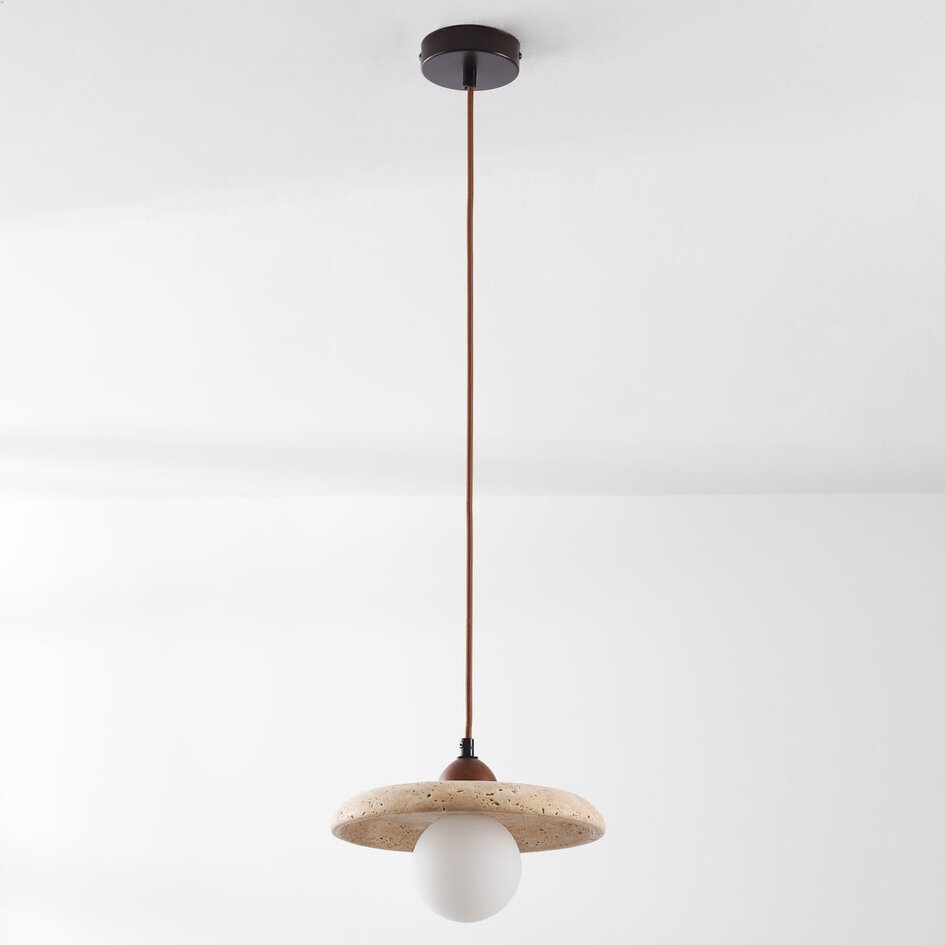 Japandi hanglamp Sasso van travertin (natuursteen) en hout