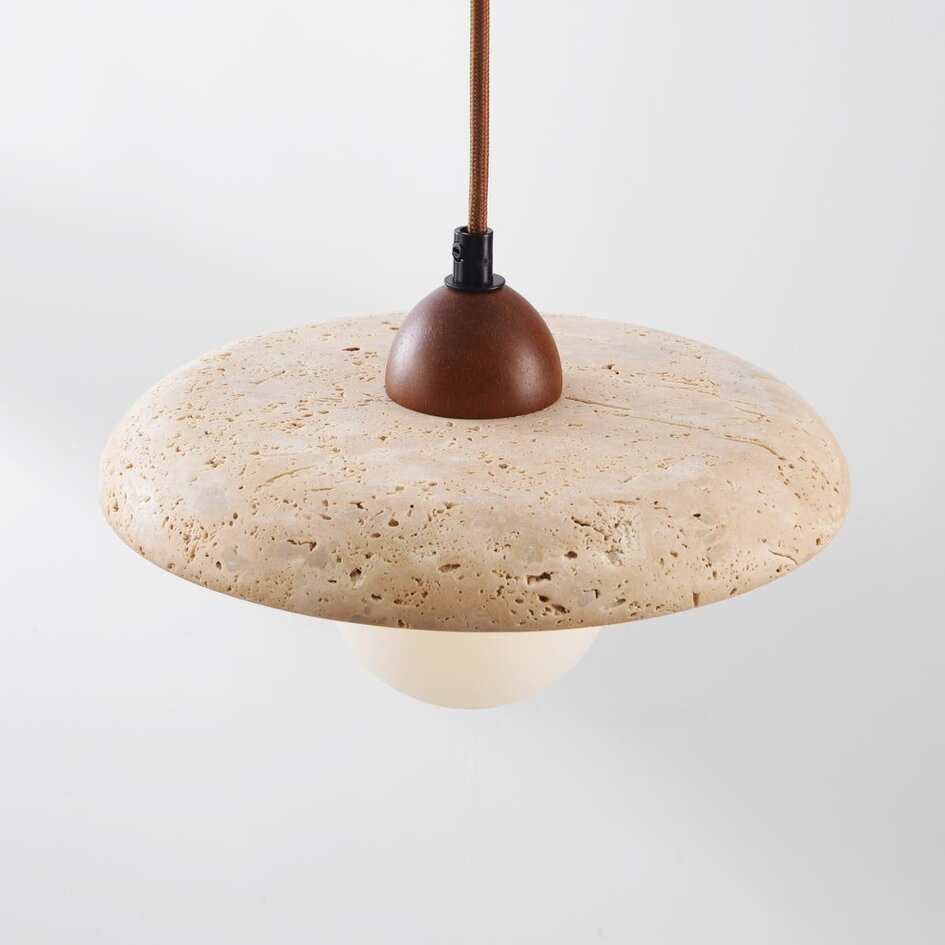 Japandi hanglamp Sasso van travertin (natuursteen) en hout