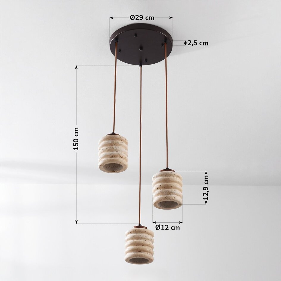 Suspension cylindrique à 3 lumières Alva en travertin (pierre naturelle)