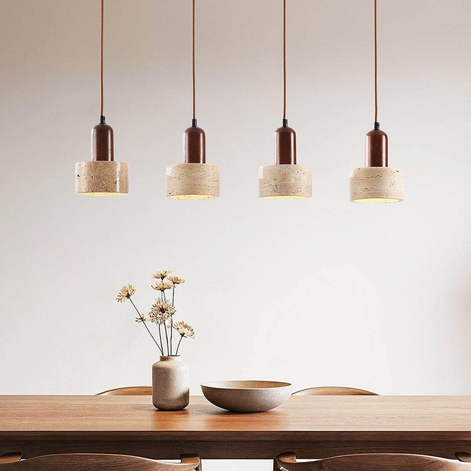 Luxueuse suspension Muro à 4 lumières en travertin (pierre naturelle) et bois