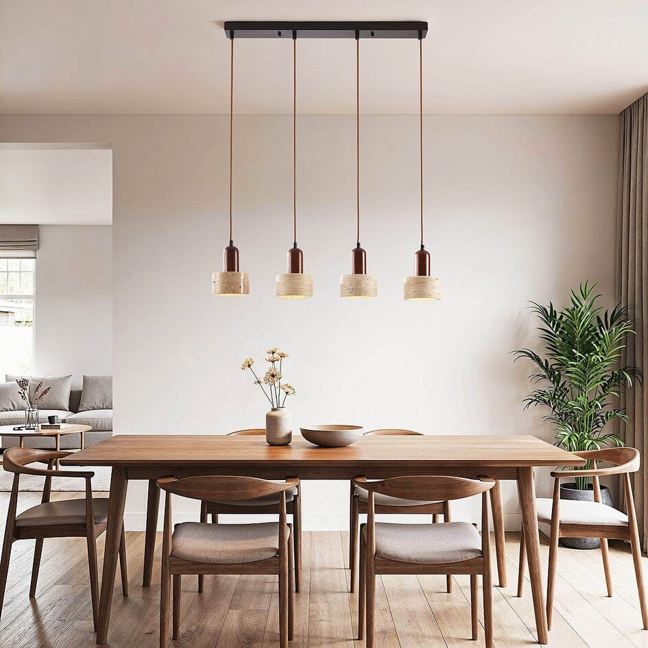 Luxe 4-lichts hanglamp Muro van travertin (natuursteen) en hout