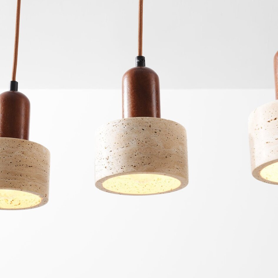 Luxe 4-lichts hanglamp Muro van travertin (natuursteen) en hout