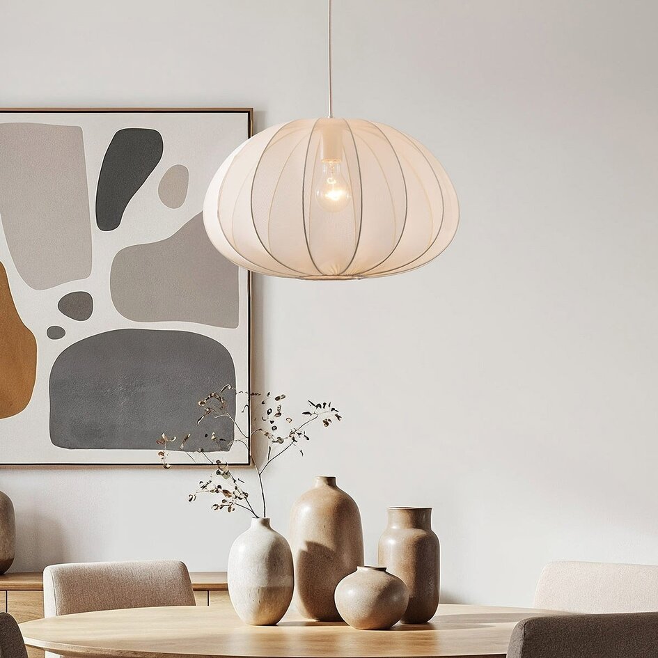 Japandi hanglamp Ecruva – ronde kap van lichtbeige stof Ø50 cm