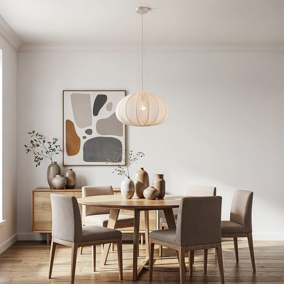 Lampe suspendue Japandi Ecruva - abat-jour rond en tissu beige clair Ø50 cm