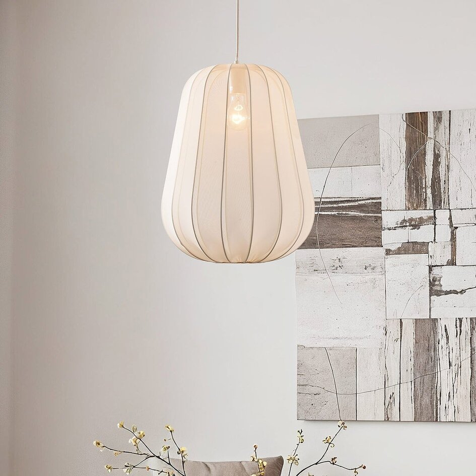 Stoffen hanglamp Mousa – Japandi stijl met druppelvormige lichtbeige kap