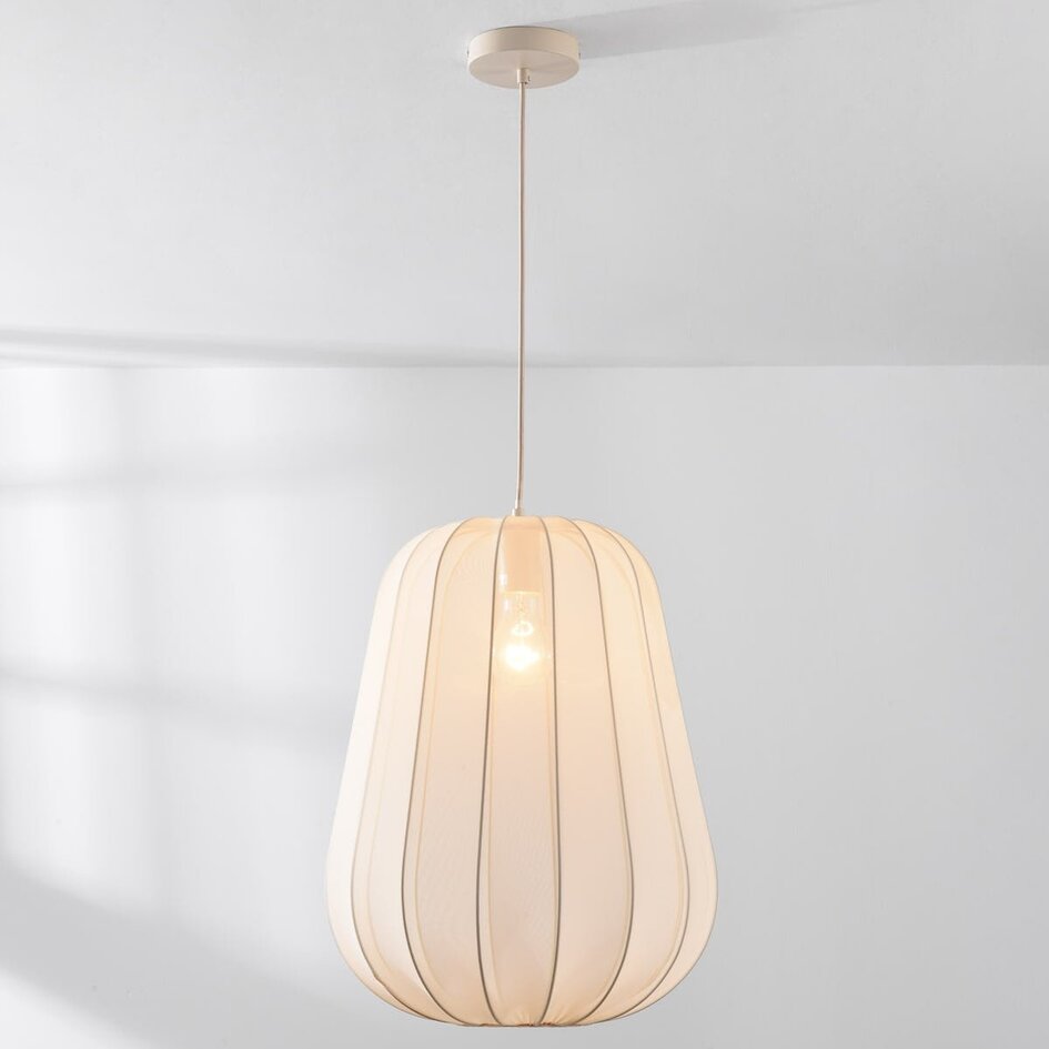 Stoffen hanglamp Mousa – Japandi stijl met druppelvormige lichtbeige kap