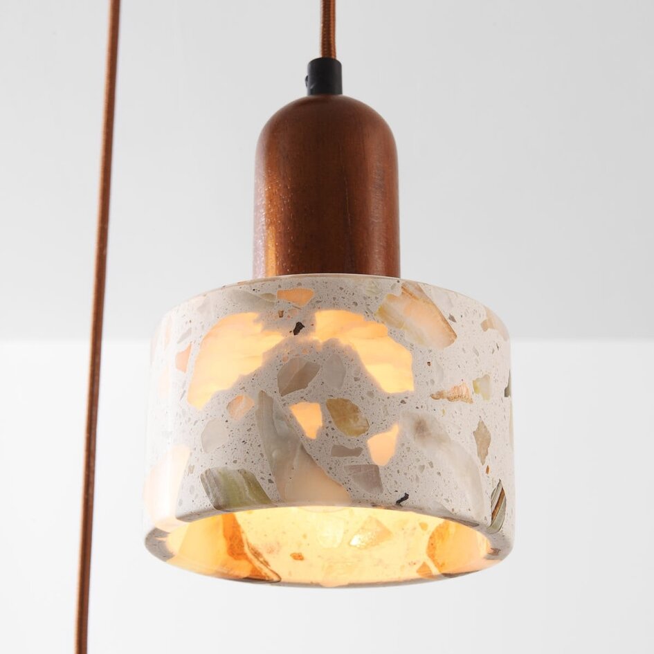 3-lichts hanglamp Lito met terrazzo effect en hout