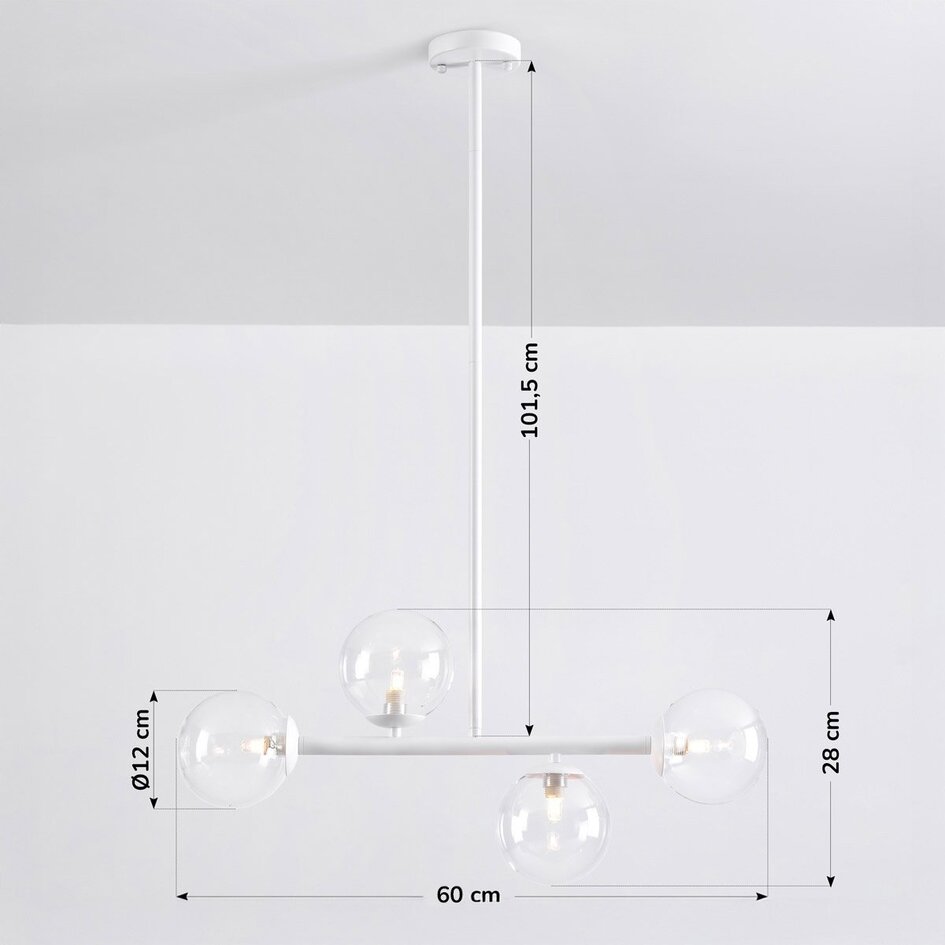 4-lichts hanglamp Asun - wit frame met transparante glazen bollen