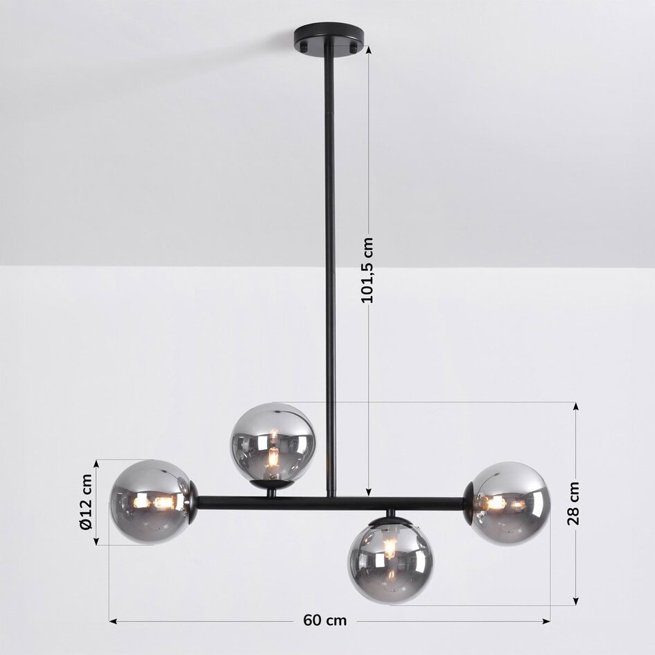 Plafonnier design noir avec verre fumé, 4 lumières - Asun