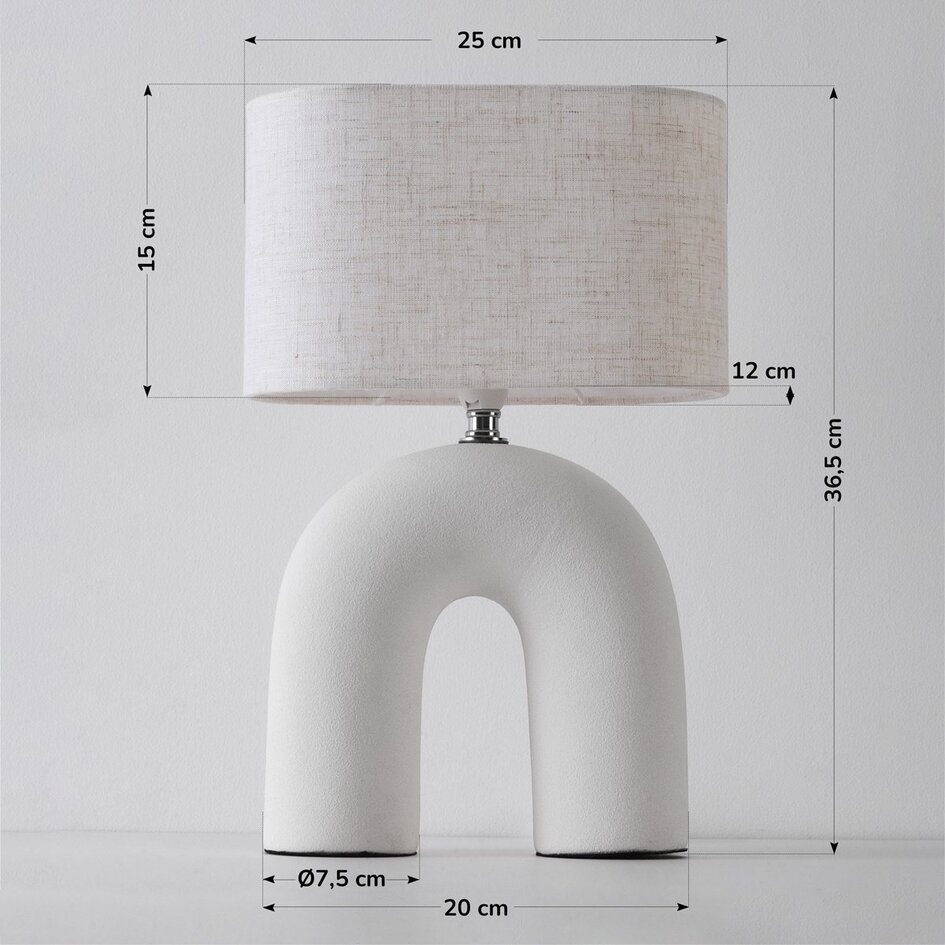 Lampe de table Japandi Poyta en céramique blanche avec abat-jour en lin