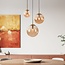 Hanglamp Marui met drie amber glazen bollen en gouden accenten