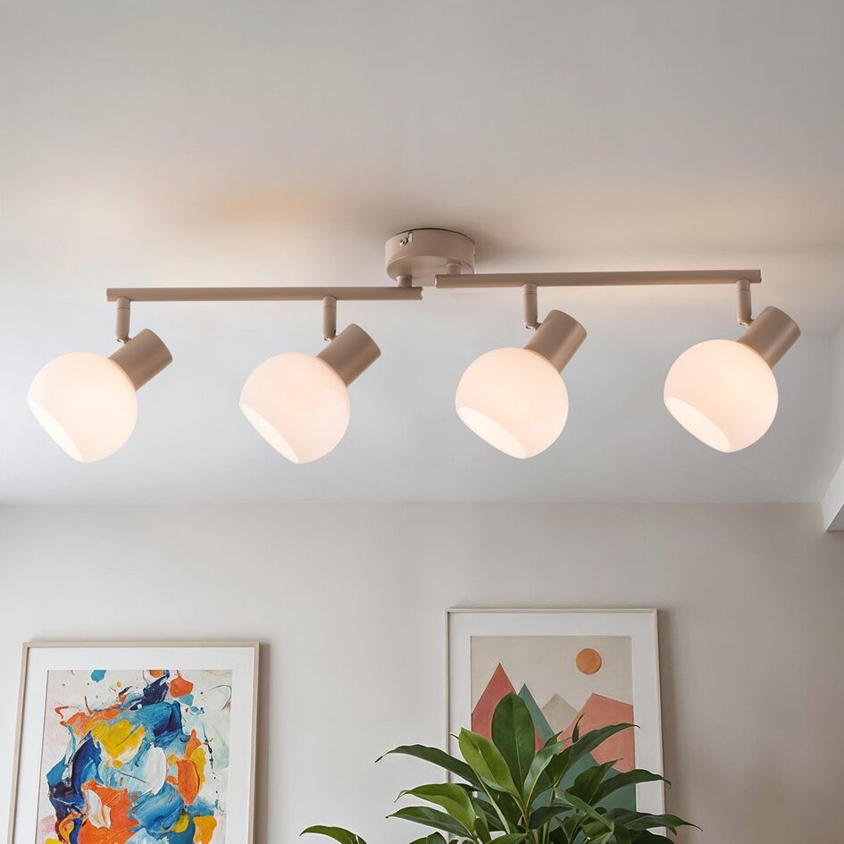Plafonnier moderne Pela en verre blanc laiteux avec quatre spots orientables - beige
