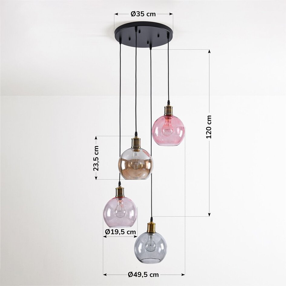 Suspension 4 lumières avec verre coloré - Liya