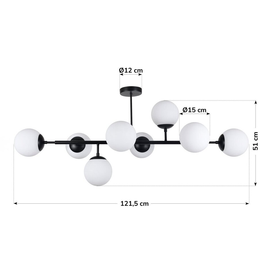 Plafonnier Osem 8 lumières - noir avec globes en verre opalin