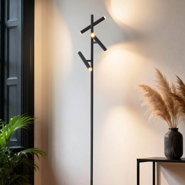 Lampadaire Zhan noir avec trois spots orientables, variateur tactile et éclairage haut/bas