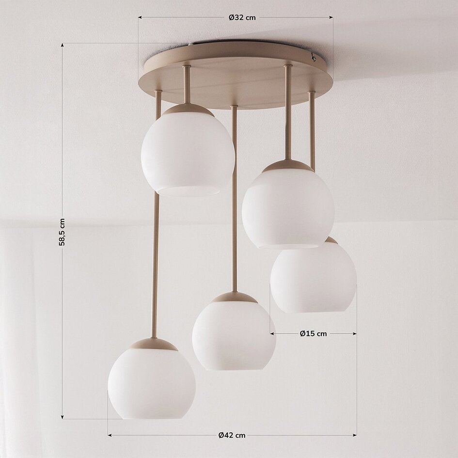 Moderne beige plafondlamp Carato 5-lichts met melkwitte glazen bollen