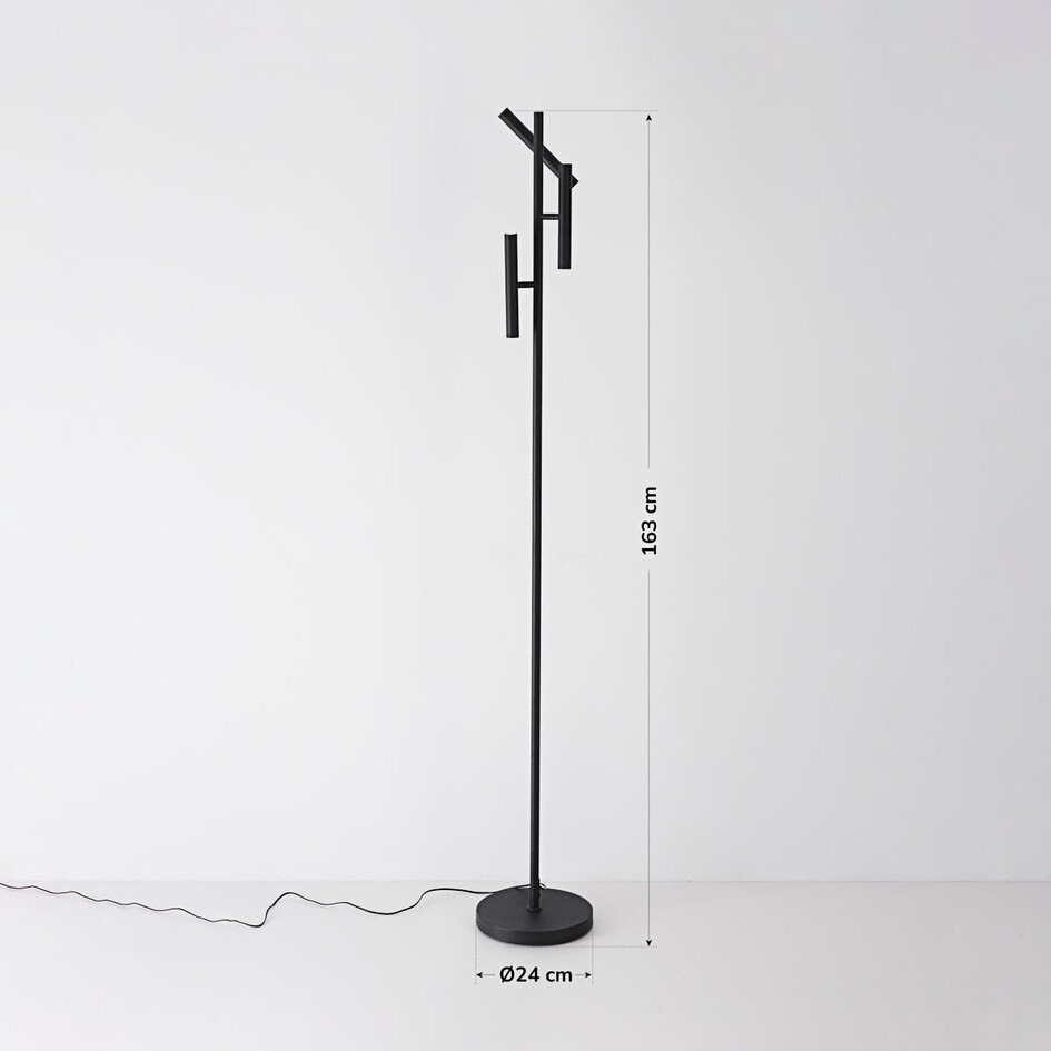 Vloerlamp Zhan met drie draaibare spots, touch dimmer en up & down licht – zwart