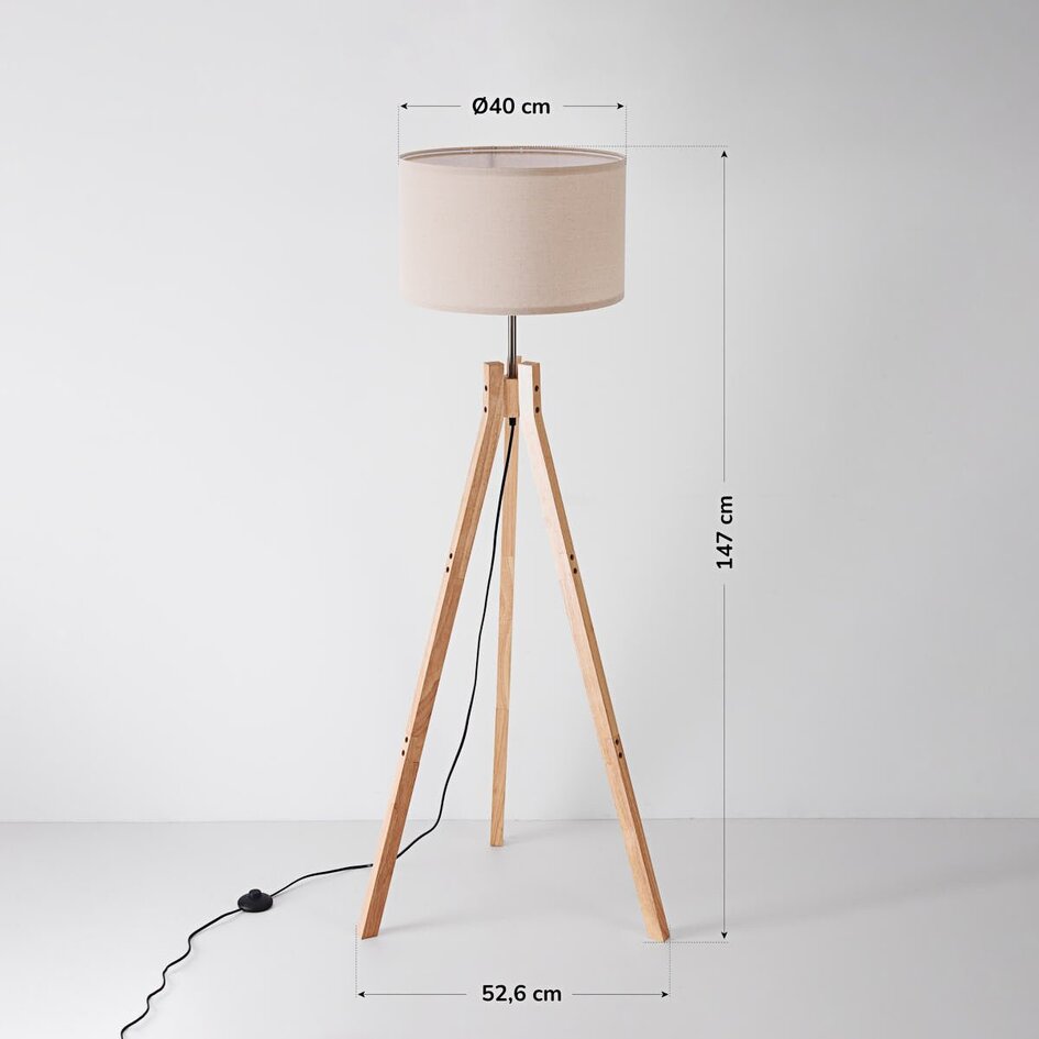 Lampadaire scandinave Tenir avec trépied en bois et abat-jour en lin