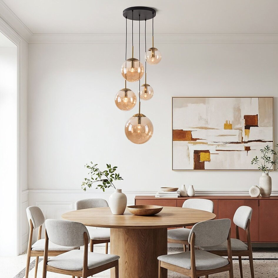 Suspension Marui à 5 lumières avec boules en verre ambré et accents dorés
