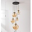 5-lichts hanglamp Marui met amber glazen bollen en gouden accenten