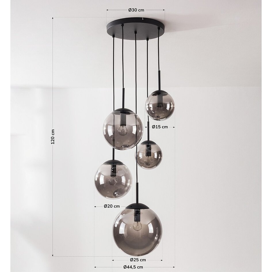 Suspension Marui à cinq globes en verre fumé et détails noirs
